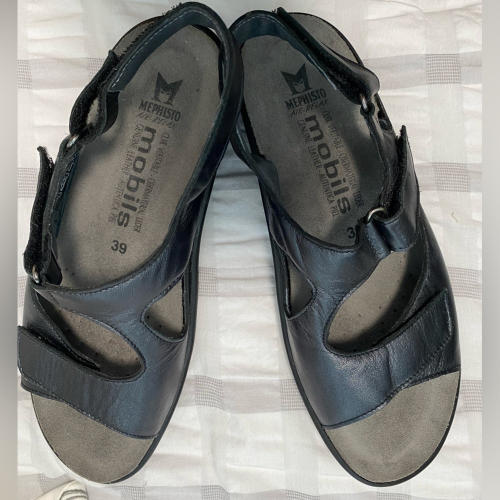 Mephisto Mobil Black Leather Velcro Strap Sandal, Size 39 (US 8/8.5)